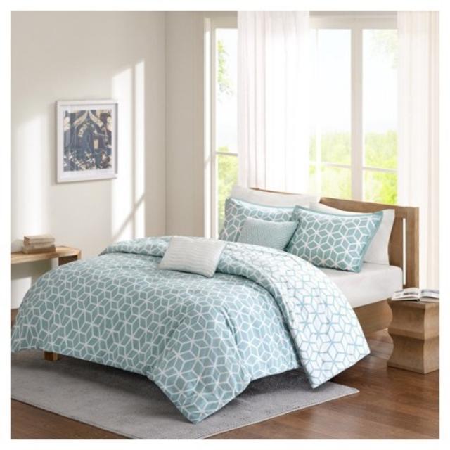 Product description page - Karina Geometric Cotton Duvet Cover Set 5-Piece - Aqua
