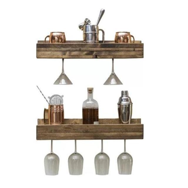 Wall Mounted Bottle & Glass Rack (Dark Walnut)