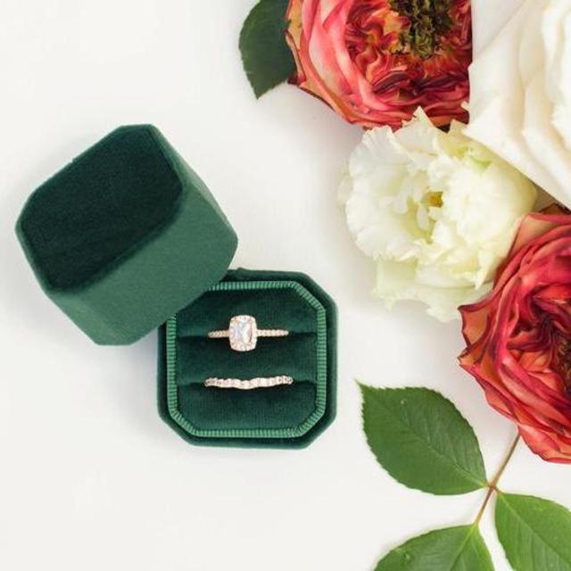 Green Velvet Gold Foil Monogrammed Double Ring Box