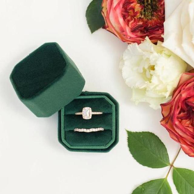Green Velvet Gold Foil Monogrammed Single Ring Box