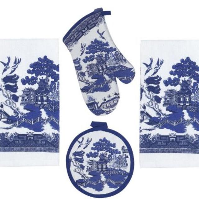 4 Piece Blue Willow Kitchen Set - 2 Terry Towels, Oven Mitt, Potholder