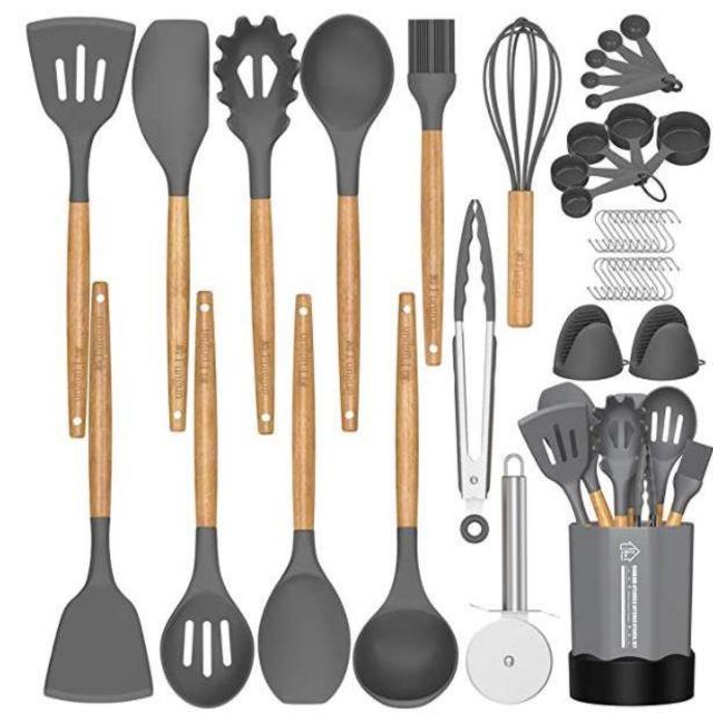 Silicone Cooking Utensil Set, 26 Pcs Kitchen Utensils Cooking Utensils Set by Fungun, Non-stick Heat Resistant Kitchen Gadgets Cookware with Natural Wooden Handle -(Gray)