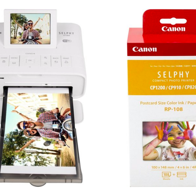 Package - Canon - SELPHY CP1300 Wireless Compact Photo Printer - White and Canon RP-108 Color Ink and Paper Set - Multicolor