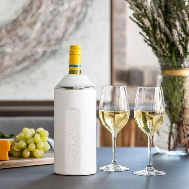 Vinglacé Wine Bottle Insulator | Stainless Steel | Double Walled | Vacuum Insulated | Tritan Plastic Adjustable Top | Keeps Wine & Champagne Cold for Hours | 10" x 11" x 12" | White