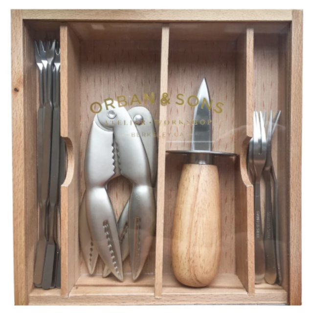 Orban & Sons Seafood Set with Cracker in Wooden Box with Acrylic Lid