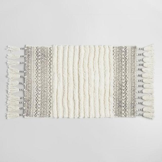 Ivory and Gray Woven and Tufted Tribal Bath Mat