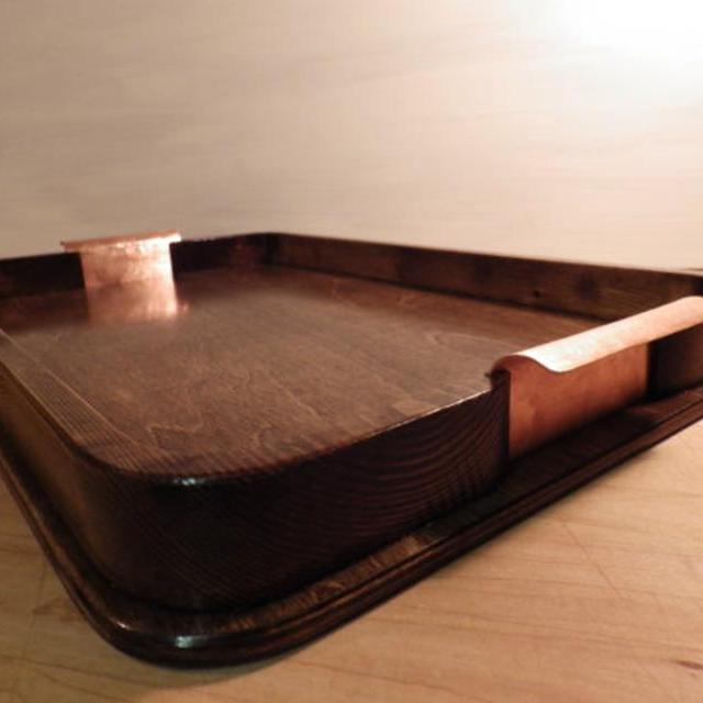 Reclaimed Wood, Dark Brown Large Breakfast Serving Tray, Hand made Copper Handles