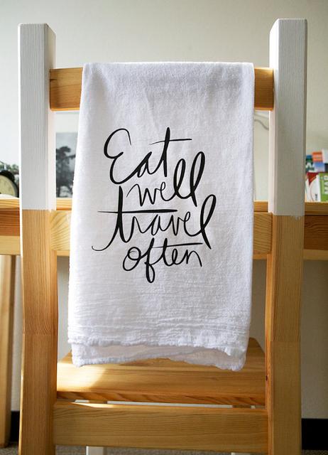 Eat Well Travel Often, Tea Towel, Kitchen Towel, Foodie Quote, Travel Quote, Housewares, Black and White, Flour Sack Towel,