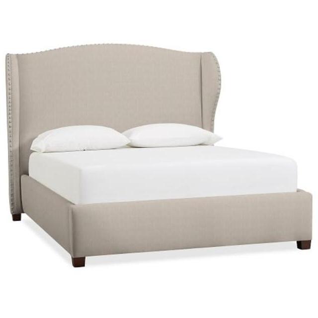 Raleigh King Wingback Bed with Pewter Nailhead, Polyester Wrapped Cushions, Sunbrella® Performance Sahara Weave Oatmeal