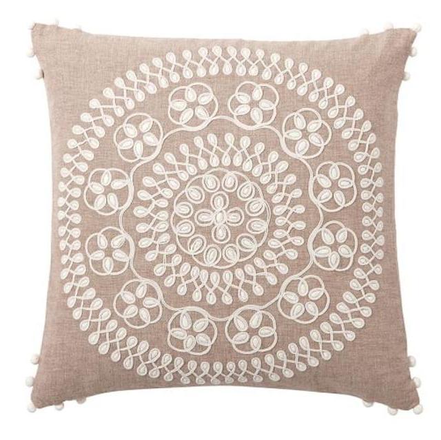 Somerset Medallion Embroidered Pillow Cover, 20", Flax/White
