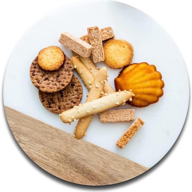 Luna Eclipse Round Marble Tray, Charcuterie Boards, Teak Wood and Marble Cheese Plate Serving boards for kitchen decor, 10-Inch; perfect for house gifts