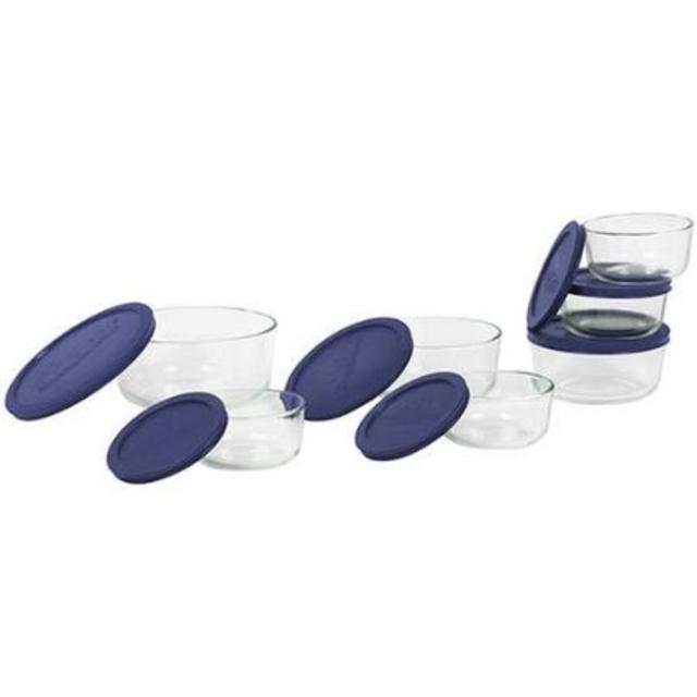 Pyrex 6022369 Storage 14-Piece Round Set, Clear with Blue Lids