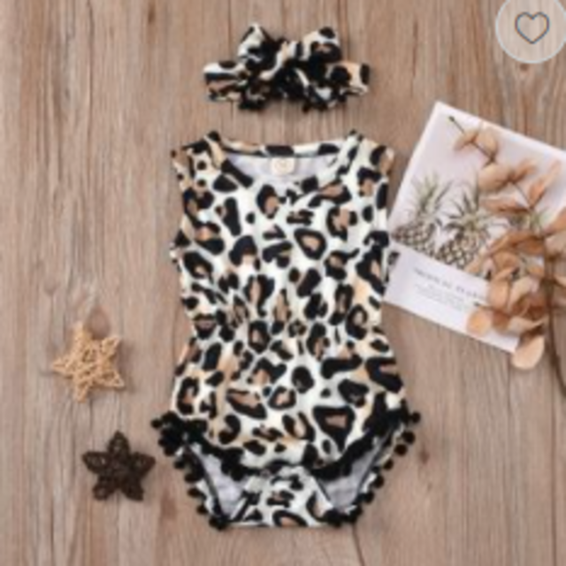 2pcs Leopard Print Pompon Onsie Set