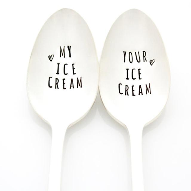 My and Your Ice Cream Spoons. Hand stamped Ice Cream Spoon Set by Milk and Honey. Couples Gift Idea. Engagement Gift. Stamped Silverware.