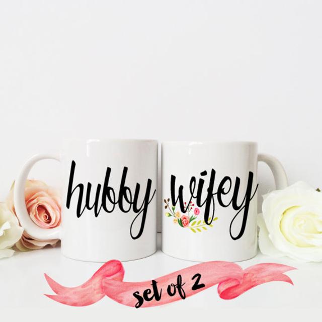 Hubby & Wifey Coffee Mug / Newlywed Gift Wedding Bride Groom Husband Wife Custom 11 oz or 15 oz Ceramic Dishwasher Safe / Great Gift Quote