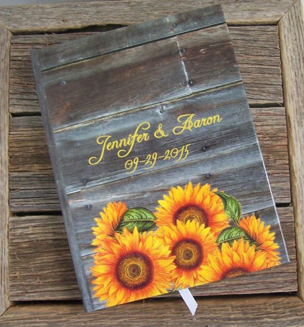 Rustic Wedding Guest Book with Sunflowers and Wood Grain. A Traditional Personalized Custom Guestbook Yellow Accent. Country, Barn Theme