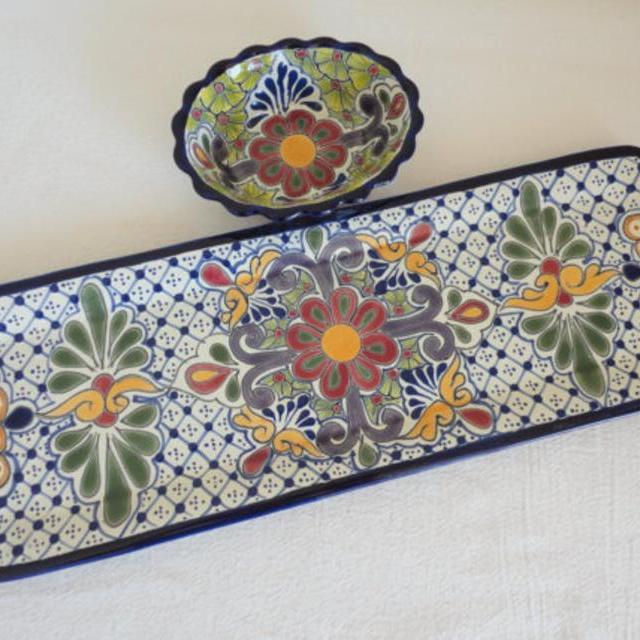 Lead Free Talavera Ceramic Rectangular Snack Tray with Scalloped Bowl - Multicolored