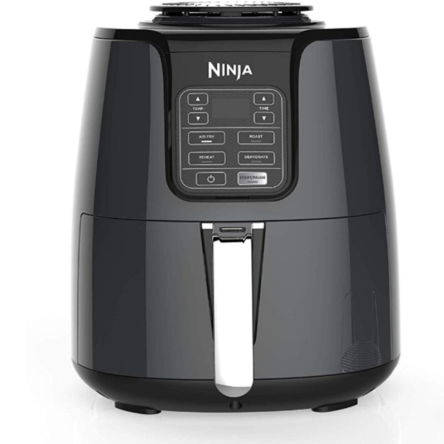 Ninja Air Fryer, 1550-Watt Programmable Base for Air Frying, Roasting, Reheating & Dehydrating with 4-Quart Ceramic Coated Basket (AF101), Black/Gray