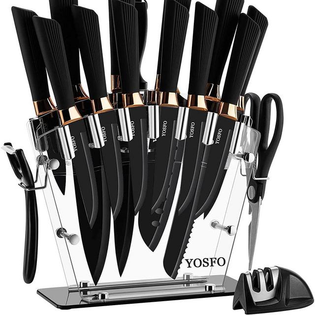Kitchen Knife Set with Block, Knives Set with Acrylic Stand, 17Pcs Stainless Steel Cutlery Knife Block Set