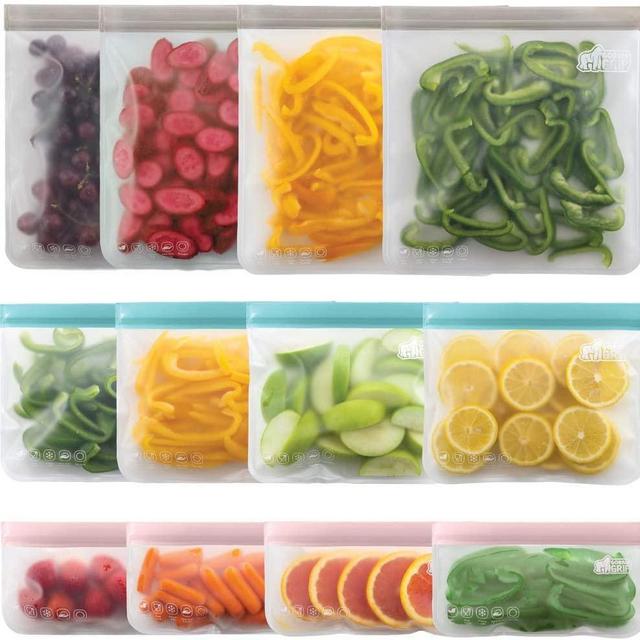 Gorilla Grip Reusable, Leakproof Secure Zip Freezer Safe, Food Grade PEVA Food Storage Bags, 12 Pack
