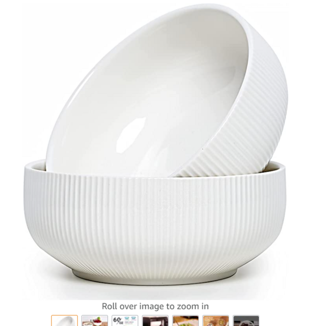 Getstar Salad Bowl, 8 inch 60 oz Large Serving Bowls, 2 Packs Ceramic Salad Bowl Set, Microwave & Freezer Safe, Fruit Bowl Soup Bowl Pasta Bowl Popcorn Bowl Set of 2 (White)
