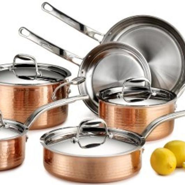 Lagostina Q554SA64 Martellata Tri-ply Hammered Stainless Steel Copper Oven Safe Cookware Set, 10-Piece, Coppe