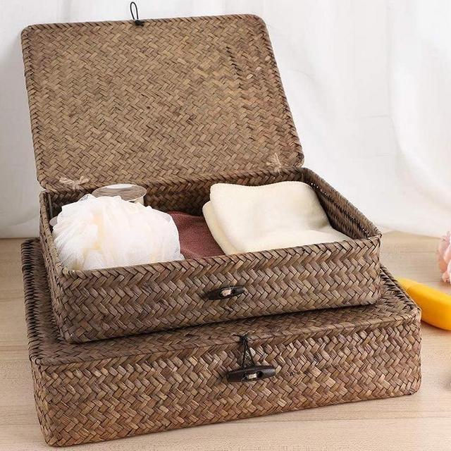 Set of 2 Flat Woven Wicker Storage Bins with Lids