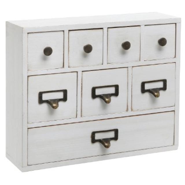 Small White Shabby Chic Wood Library Card Catalog Style Storage Cabinet / 8 Drawer Jewelry Organizer