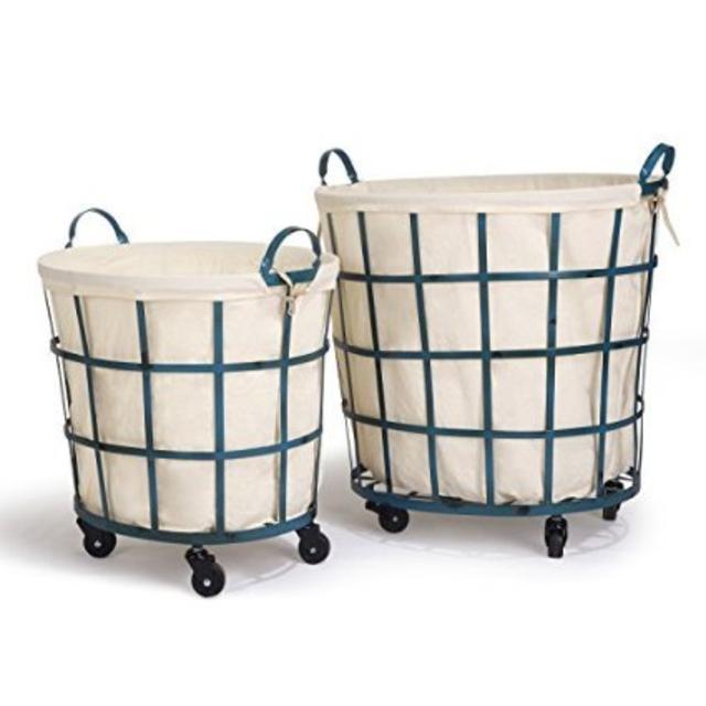 Adeco Round Rolling Laundry and Storage Baskets, Beige Lining, Window Pattern, Teal Blue (Set of 2)