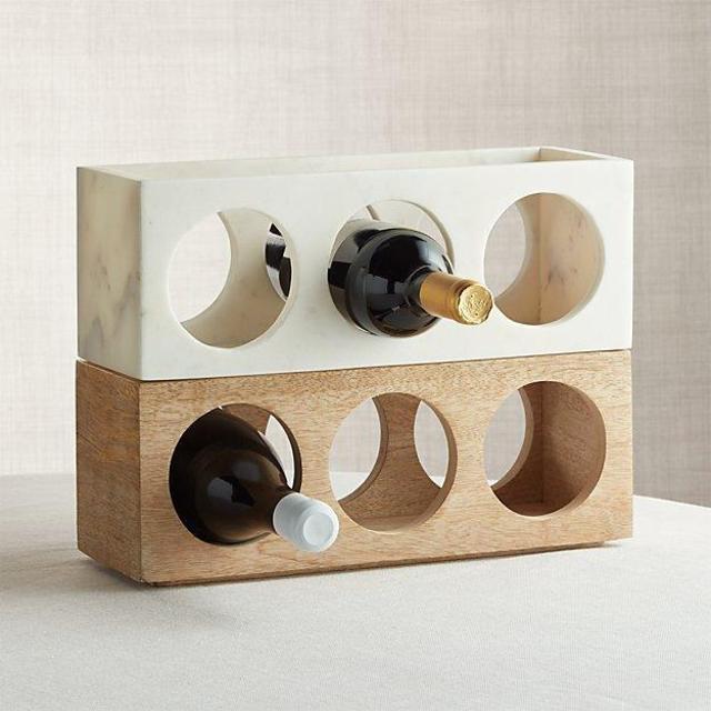 Wood and Marble Stacking 3-Bottle Wine Racks, Set of 2