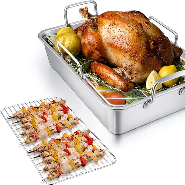 TeamFar Roasting Pan with Rack, 14 Inch Stainless Steel Turkey Roaster Lasagna Pan with V-Shaped Rack & Cooling Rack, Healthy & Durable, Brushed Surface & Dishwasher Safe, Rectangular - Set of 3