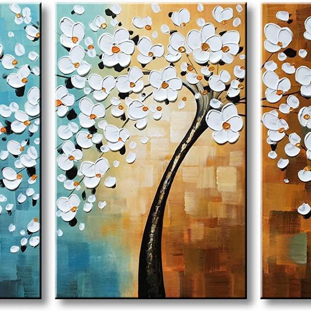 Winpeak Art Hand-painted Abstract Oil Painting Modern Pictures Plum Blossom Artwork Floral Canvas Wall Art Hangings Stretched And Framed (60"W x 30"H (20"x30" x3pcs), White )