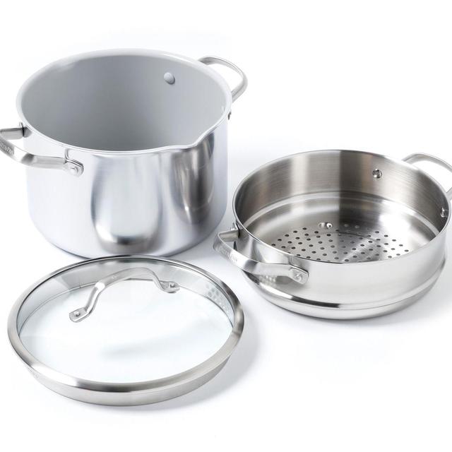 Venice Pro Ceramic Non-Stick Stockpot with Straining Lid and Stainless Steel Insert, 8qt
