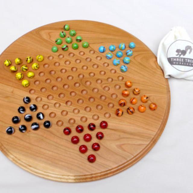 Chinese Checkers game board with marbles - walnut or cherry