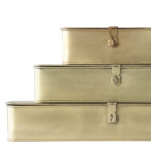 Creative Co-Op Decorative Metal Boxes with Brass Finish (Set of 3 Sizes)