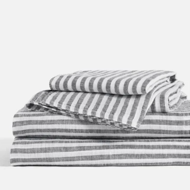 Brooklinen Linen Core Sheet Set (Queen Charcoal Chambray and White Stripe)