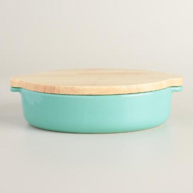 Large Aqua Ceramic Baker with Wood Trivet Lid