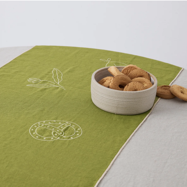 Embroidered Linen Table Runner in Pickle