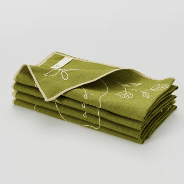 Embroidered Linen Napkin Set in Pickle