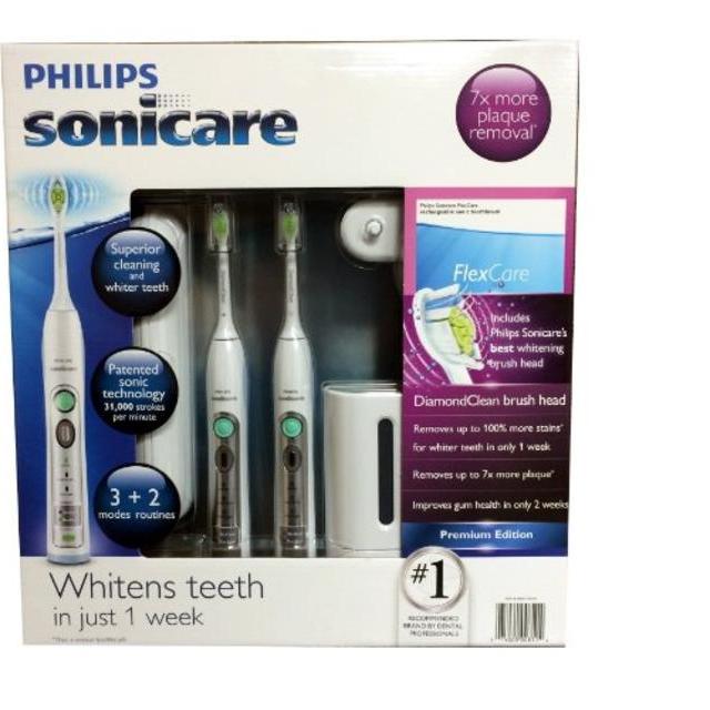 Philips Sonicare Flexcare Rechargeable Sonic Toothbrush Premium Edition 2 pack bundle (2 Flexcare Handles, 2 Diamond Clean Standard Brush Heads, 1 Compact Travel...