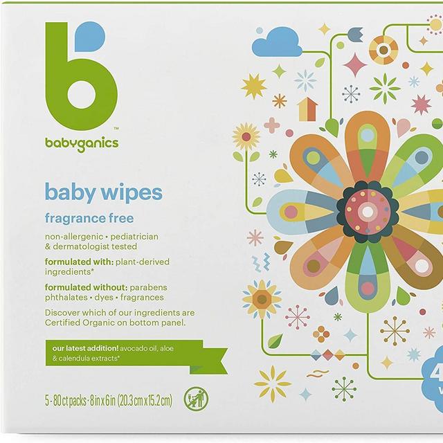 Babyganics Baby Wipes, Unscented, 400 Count, (5 Packs of 80)