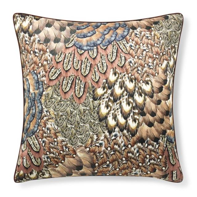 Printed Feathers Silk Pillow Cover, 20" X 20", Multi
