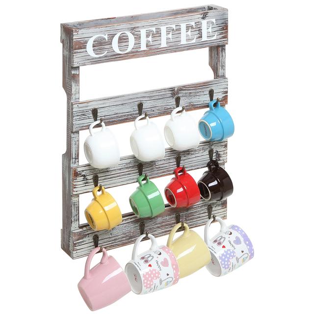 Rustic Wood 12 Hook Wall Mounted Coffee Mug Rack