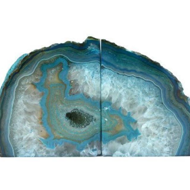 Crystal Allies Gallery: Pair of Small 1lb - 3lbs Polished Agate Geode Halves Decorative Bookends w/ Authentic Crystal Allies Stone Card (Teal)
