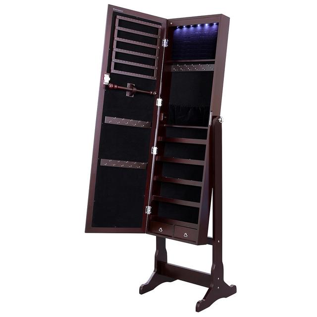 SONGMICS Lockable Jewelry Cabinet Standing Jewelry Armoire Organizer with Mirror LED Light, Brown