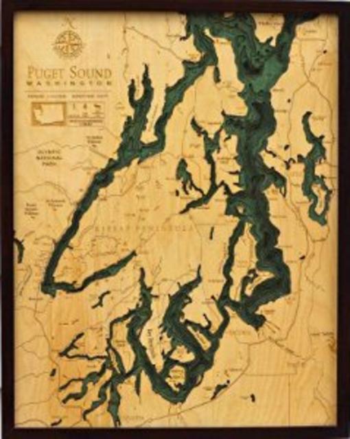 Woodchart Puget Sound Wood Nautical Chart, 24.5 x 31"