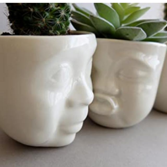 Handmade White Porcelain Succulent Planter Set of 3, Small Ceramic Face Sculptured Pots for Indoor Plants, Home and Office Decor Objects