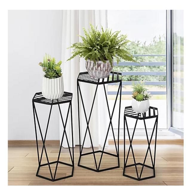Glitzhome 3-piece Metal Modern Hexagon Plant Stand in Black