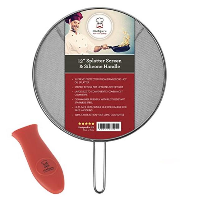 Splatter Screen 13” Splash Guard – Guards From Hot Oils – Perfect For All Your Cooking Needs – Premium Ultra Fine Woven Mesh and Silicone Pot Holder – Stainless Steel Fits Most Pots and Pans