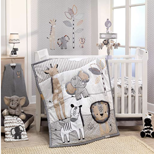Lambs & Ivy Jungle Safari Gray/Tan/White Nursery 6-Piece Baby Crib Bedding Set